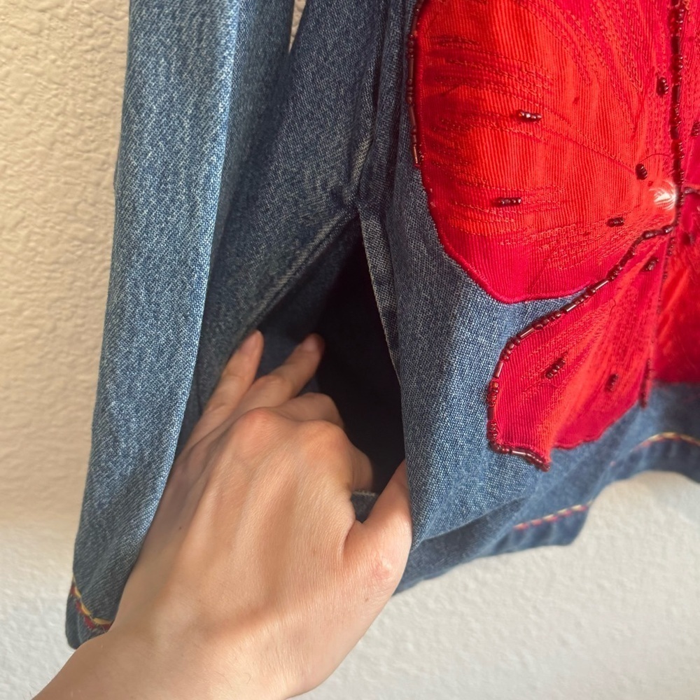 VTG Womens 1X Hibiscus Beaded Denim Jacket Boho Festival Floral Shacket Blue - Picture 6 of 10